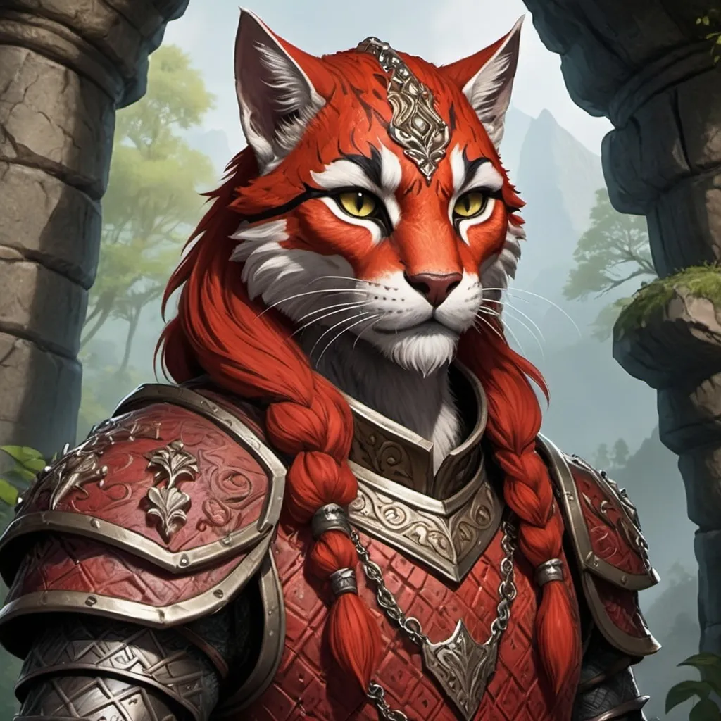 Prompt: Create a high-quality 2D image of a Felys or Khajiit character in an heroic fantasy setting. The character should have striking red fur and distinctive black eyebrows, giving them a unique and charismatic appearance. Dress them in ornate, medieval fantasy armor with intricate patterns and decorations that reflect their agile and stealthy nature. The background should depict a fantastical landscape, such as an ancient forest with towering trees or a mystical cave filled with glowing crystals. The scene should capture a sense of adventure and 