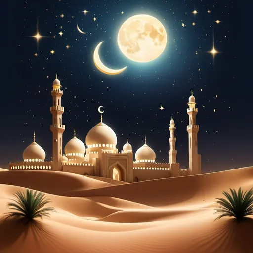 Prompt: "Create an elegant and peaceful scene to welcome the birth month of Prophet Muhammad (SAW). Show a radiant crescent moon in the night sky above a serene desert landscape, with a glowing mosque in the distance. Add gentle flowing banners in Arabic calligraphy saying 'Marhaban Ya Rabi'ul Awal', adorned with stars and soft light rays shining down, creating an atmosphere of peace and reverence. The overall mood should feel spiritual and welcoming, with warm golden tones and deep blues in the background."