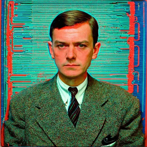 Prompt: Analog film photography still, portrait of Alan Turing, anaglyph effect