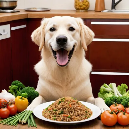Prompt: homemade dog food (rice, veges, chicken)
Very happy large dog 
Advertisement