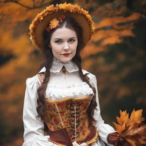 Prompt: A european woman wearing a traditional costume, resembling Miss Autumn 