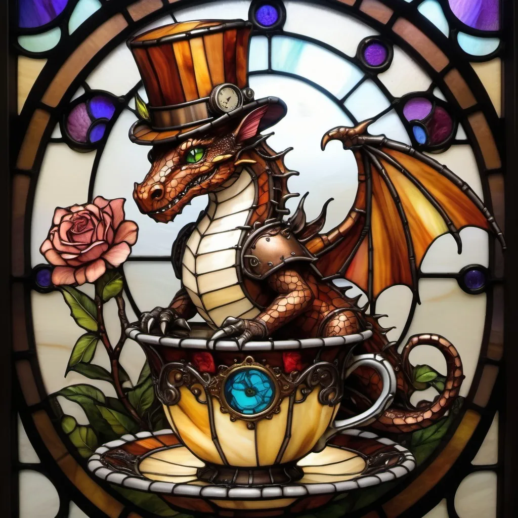 Prompt: a steampunk dragon with a brown top hat in a floral teacup