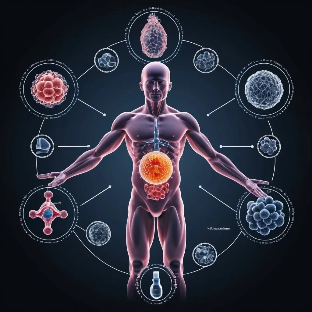 Prompt: A schematic nanoparticle intertwined with human health and medical use. Include human body