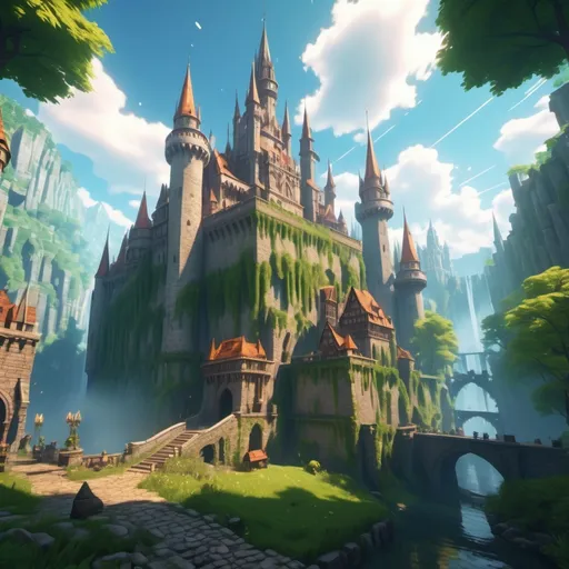 Prompt: (stunning RPG game castle), majestic stone walls, towering spires reaching for the sky, surrounded by lush green forests, vibrant magical aura, flags billowing in the wind, intricate architecture, dynamic scene full of adventure, shimmering moat reflecting the sunlight, (ultra-detailed), (4K), captivating atmosphere, inviting yet formidable, perfect for exploration and quests.