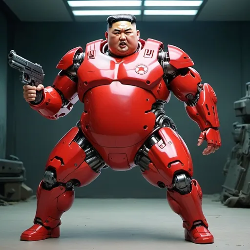 Prompt: whole body cyborg kim jong un bot suit red gun Sci-Fi angry shooting war fight fat