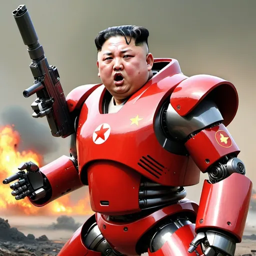 Prompt: Kim Jong Un robot suit red gun angry war fight