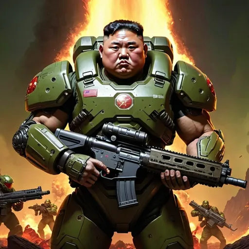 Prompt: Doom slayer kim jong un with bfg 9000
