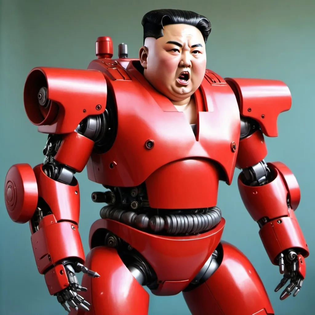 Prompt: Kim Jong Un robot suit red gun angry war fight