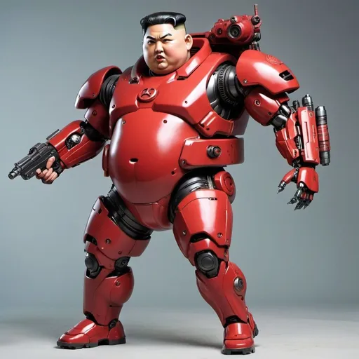 Prompt: whole body cyborg kim jong un bot suit red gun Sci-Fi angry shooting