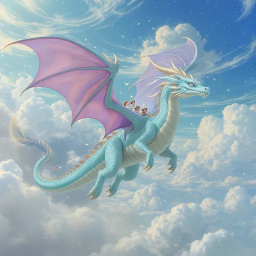 Prompt: a dragon that is light blue with purple wings flying with her children flying beside her

