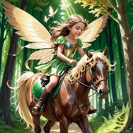 Prompt: A brown haired fairy riding on a dark brown horse that has wings next to a normal girl with blond hair  riding on a light brown horse with wings along a path in a forest with tall green trees and leaves shining in the sunlight   