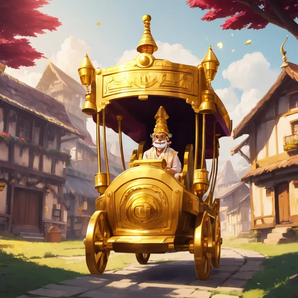 Prompt: a shiny golden chariot in an animated village