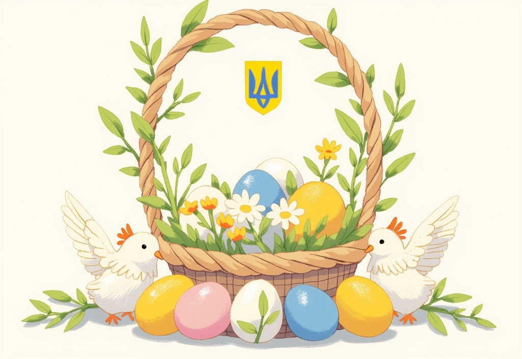 Prompt: створи листівку привітання з великднем. тема паска в кошику яйця розмальований петряківським розписом квітів. 2 білі голуби з гілочкою верби у здьобі, герб україни обвитий квітами. приємні теплі кольори. сучасний дизайн. має бути наче намальована пастелью. надпис з великоднем
