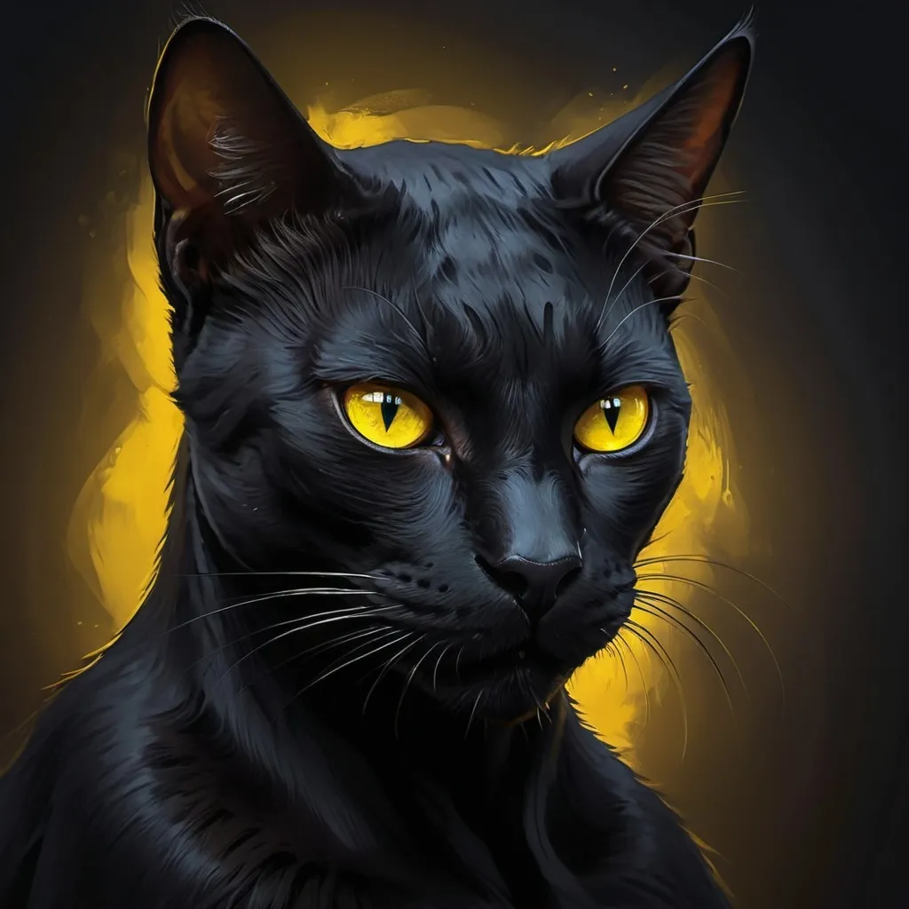 Prompt: Black cat hybrid humanoid, digital painting, sleek and muscular build, piercing yellow eyes, feline facial features, shadowy, high contrast lighting, intense and mysterious vibe, high quality, digital painting, dark tones, dramatic lighting