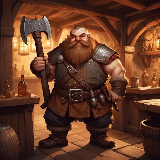 Prompt: dwarf character holding an axe in a tavern , fantasy character art, illustration, dnd, warm tone