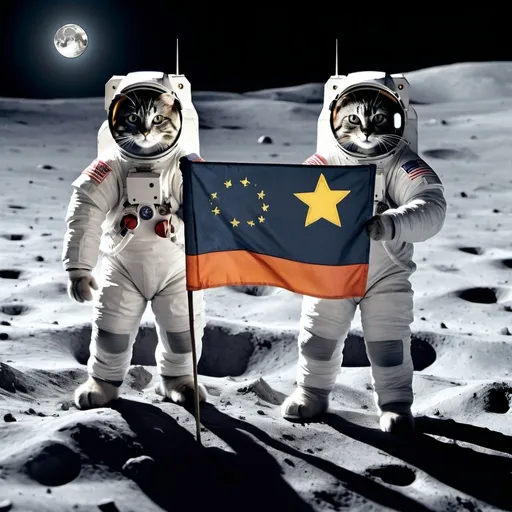 Prompt: two cats in space suits holding a flag on the moon surface with a full moon in the background,, Felix-Kelly, space art, space, a matte painting