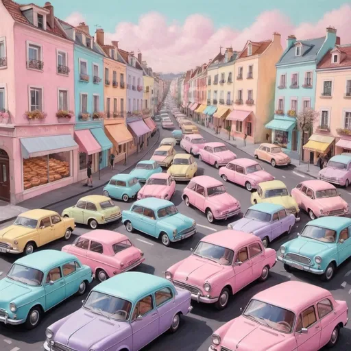 Prompt: a city full of pastries everywhere on cars, houses, in the streets lots of pastels all covered in pastels