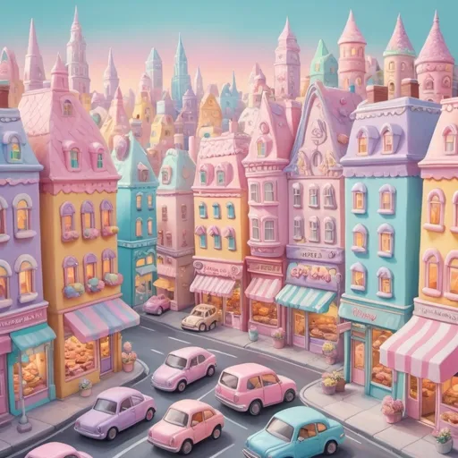 Prompt: Pastel cityscape covered in pastries, whimsical and colorful, pastry-covered cars and houses, streets lined with pastel treats, high quality, pastel colors, whimsical lighting, detailed pastries, sugary sweet atmosphere, city covered in pastels, vibrant, dessert-filled cityscape, dreamy, sugary, light-hearted, pastel tones, whimsical