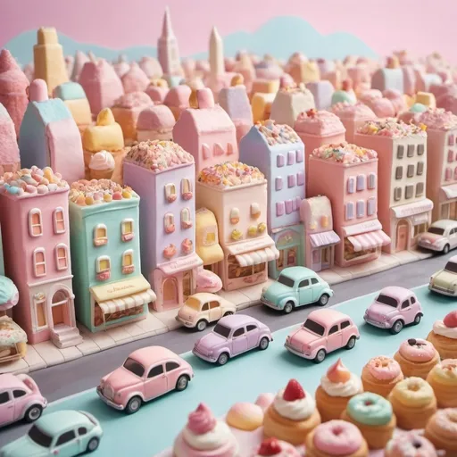 Prompt: Pastel cityscape covered in pastries, whimsical and colorful, pastry-covered cars and houses, streets lined with pastel treats, high quality, pastel colors, whimsical lighting, detailed pastries, sugary sweet atmosphere, city covered in pastels, vibrant, dessert-filled cityscape, dreamy, sugary, light-hearted, pastel tones, whimsical