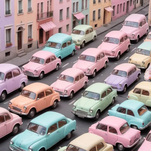 Prompt: a city full of pastries everywhere on cars, houses, in the streets lots of pastels all covered in pastels