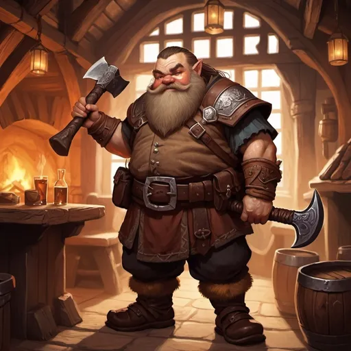 Prompt: dwarf character holding an axe in a tavern , fantasy character art, illustration, dnd, warm tone