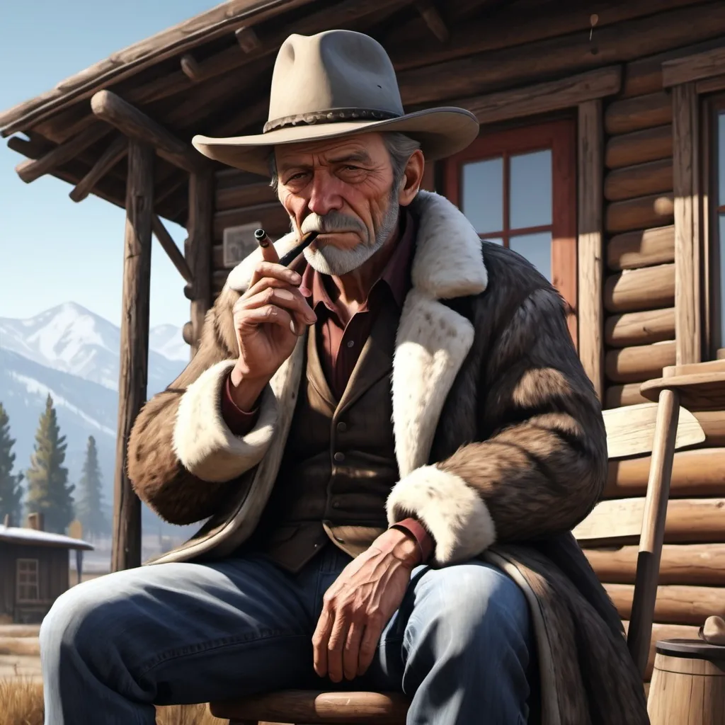 Prompt: Draw me an old cowboy sitting on a stool outside his cabin, smoking a pipe, wearing a fur coat and hat. Ultra realistic, GTA style, ultra 4k hd