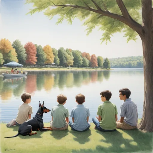 Prompt: Create a heartwarming and nostalgic crayon drawing of a serene lakeside scene. Envision a peaceful lake bordered by a quaint, shady tree. In the foreground, depict a group of five friends engrossed in a lively conversation. One of the friends is a 9-year-old boy with black hair and a side parting, wearing spectacles. Surround him with four diverse friends, each exhibiting unique characteristics.

Include a friendly Doberman dog with drooping ears standing beside the group, adding a touch of warmth to the scene. Capture the essence of the moment as if viewed from the perspective of someone sitting by the lake, gazing towards the conversation. The overall mood should be simple, nostalgic, and evocative of carefree camaraderie.

