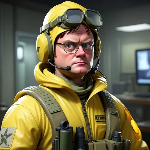 Prompt: create an image of dwight schrute as a call of duty operator character wearing a hazmat suit
