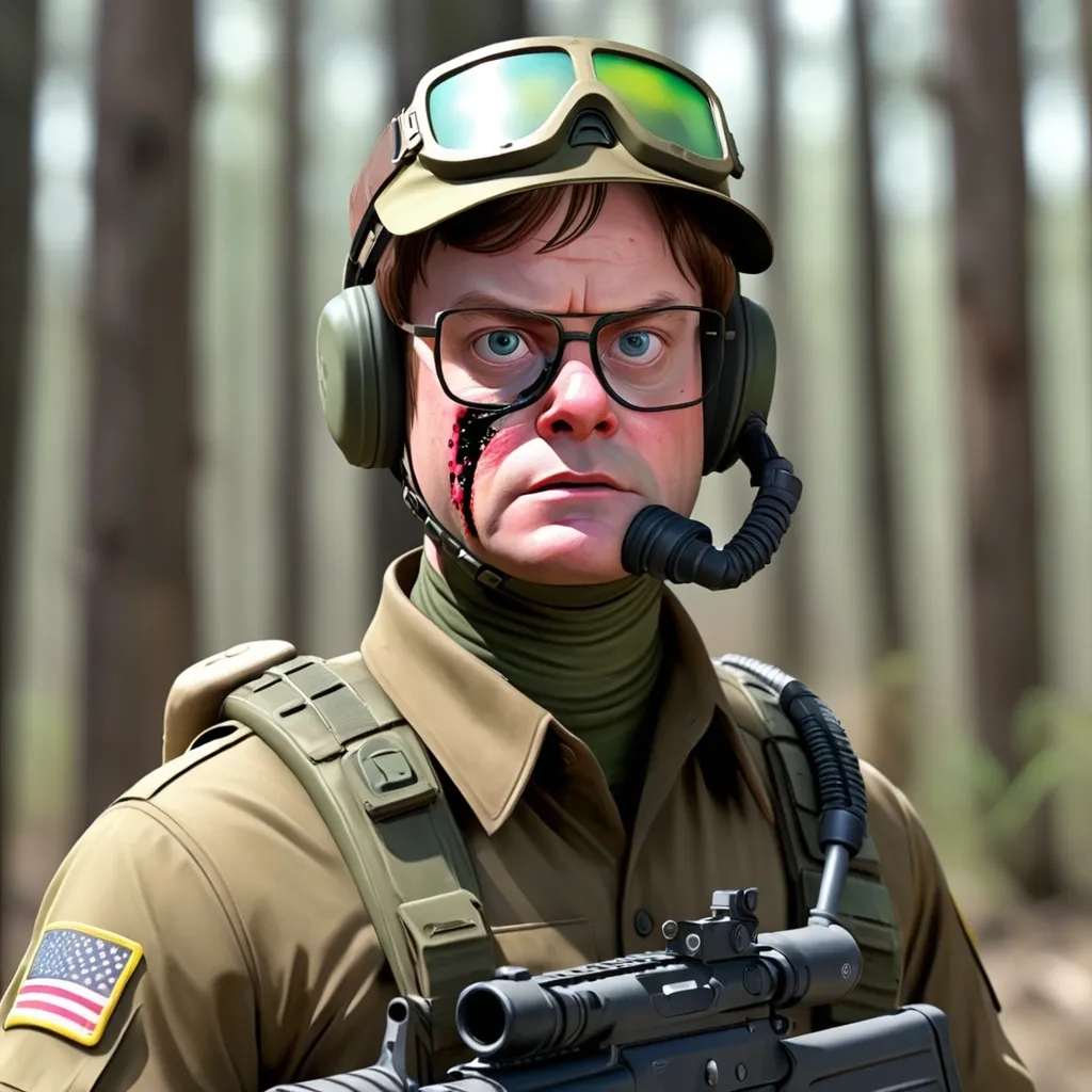 Prompt: create an image of dwight schrute as a call of duty operator character wearing a paintball mask