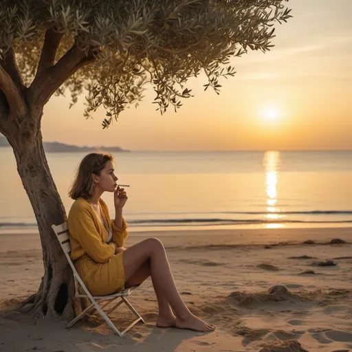 Prompt: a cinema scene where a girl sit in a beach with olive tree mostly yellowish tones smoking a cigarette looking to sunset with a feeling of melancholy and peace together.