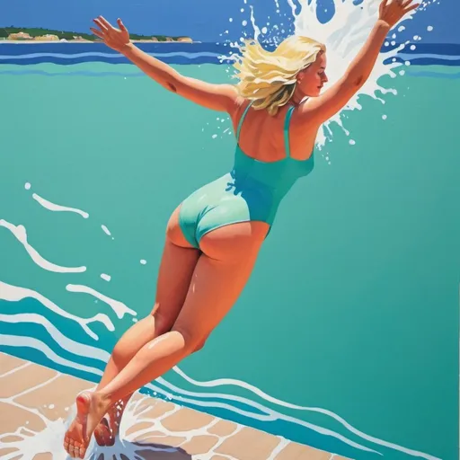 Prompt: a poster painting of a woman that dives in to the sea with a big splash by using the color palette of david hockney paintings. that gives a feeling of instant 
