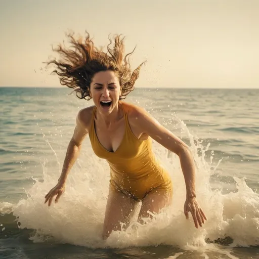 Prompt: a movie scene of a woman that dives in to a mediteranean sea with a very big splash while entering in to the water. yellowish tones