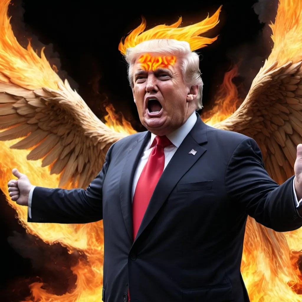 Prompt: Super hero Donald trump rising like a phoenix out of the ashes