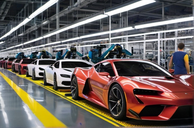 Prompt: the interior of a car factory with various fast sports cars on the assembly line being assembled by robots.