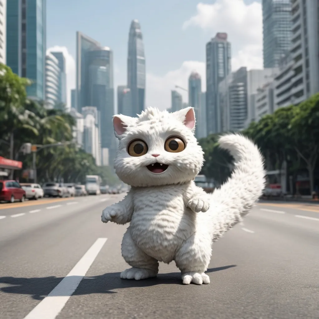 Prompt: a giant cute looking 30 storey tall white furry promerian cat headed godzilla monster with very very very tiny hand with cat paw on the road, standing like a T-rex, cute mersmerizing eye, 1monster, solo, furry, masterpiece, high quality, highres, absurdres, high details, destroyed singapore city background, shot, floating dust, high detail eyes,(looking at viewer:1.3), happy smile, open mouth