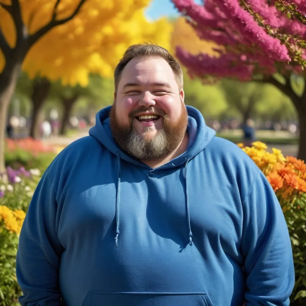 happy and very very too fat man in a blue hoodie wit