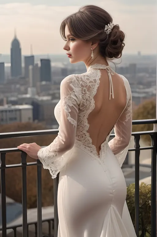 Prompt: **A stunningly beautiful English woman in an elegant white wedding dress, standing on the balcony of her luxurious mansion overlooking the city skyline. She has soft makeup and hair styled into loose waves with bangs. The gown features delicate lace detailing along its bodice and halter neckline, complemented by sheer sleeves that accentuate her figure's curves. Her pose is confident yet graceful as she gazes out at the horizon, embodying grace and elegance in timeless beauty in the style of a classic painting