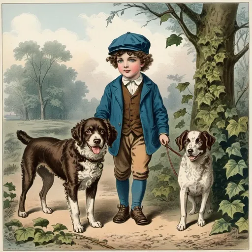 Prompt:  boy with curly brown hair blue eyes  wearing a ivy cap hat hunting with their dog hand-colored vintage English engraving circa 20th century,colorful,romanticism,full body