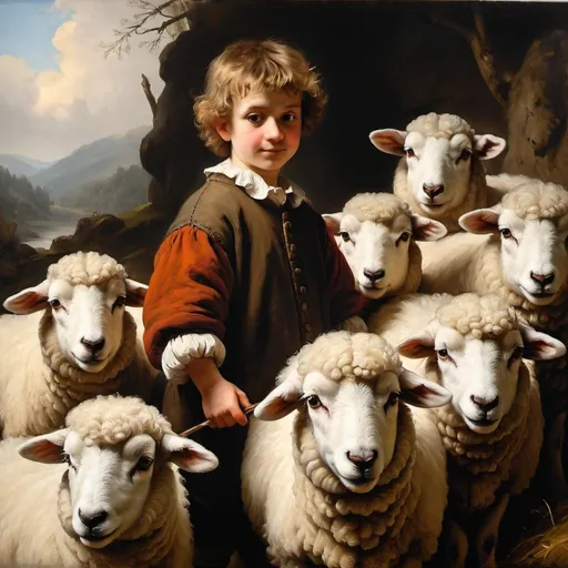 Prompt: Oil painting, Rembrandt, of a boy and a herd of valais blacknose sheep