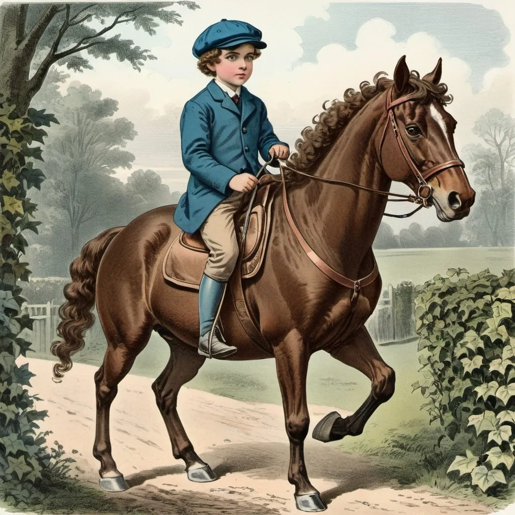 Prompt:  boy with curly brown hair blue eyes  wearing a ivy cap hat riding a horse 
hand-colored vintage English engraving circa 20th century,colorful,romanticism,full body