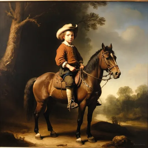 Prompt: Oil painting, Rembrandt, of  boy  horseback riding