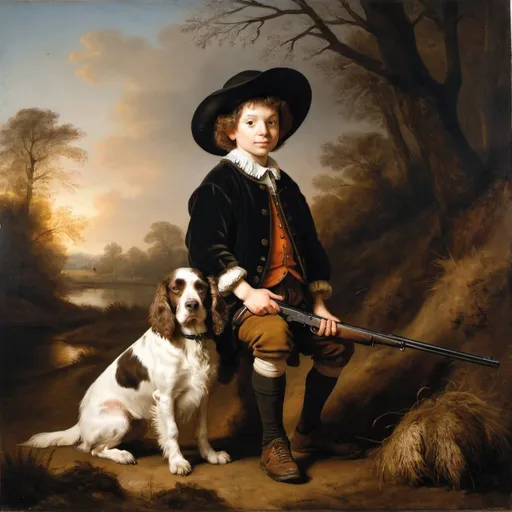 Prompt: Oil painting, Rembrandt, of  boy and their cockerspaniel hunting