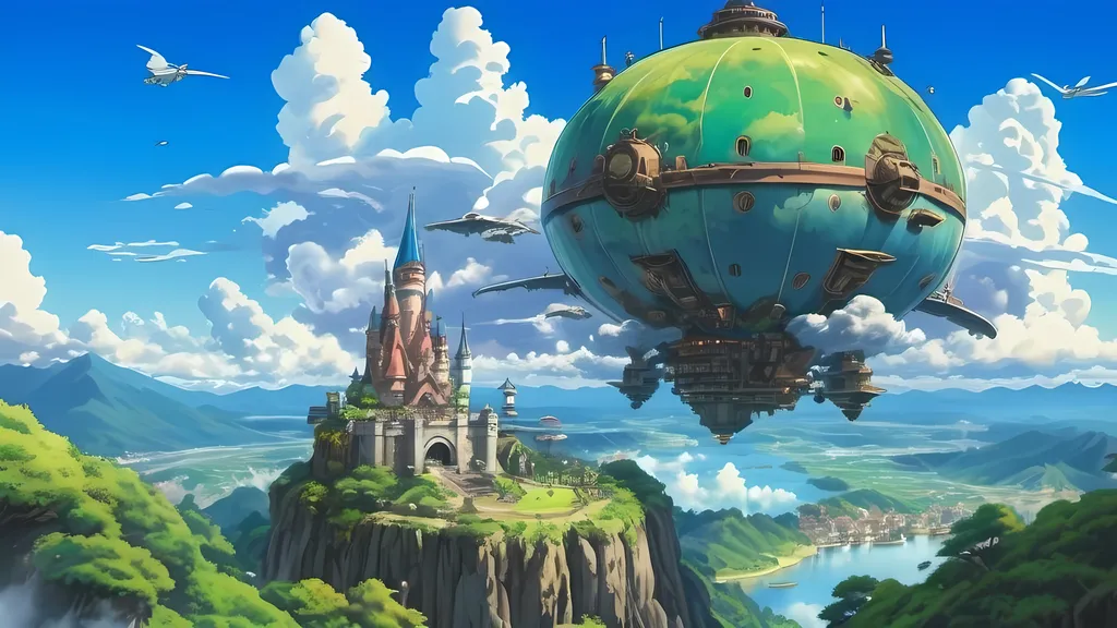 Prompt: Studio Ghibli's art style. flying castle in the middle of the sky with beautiful landscape underneath. the weather is clear and beautiful clouds are appearing in the sky. There are a few steam punks style transportation airplanes flying around the castle and some small floating island with trading houses. there will also be waterfall in one of the island or in the mountain. reflections.