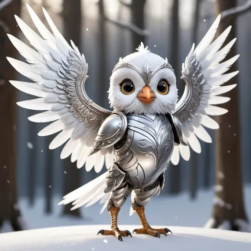 Prompt: A tiny, soaring adorable bird warrior, fully clad in shining silver armor, stands proudly amidst a snowy landscape. Its white feathers blend seamlessly with the snow, while its large, round eyes convey a sense of determination and courage. The armor is intricately detailed, reflecting the light of the wintry sun. The bird's wings are spread wide, hinting at its ability to take flight at a moment's notice. The background is a blur of snow-laden trees, creating a sense of depth and atmosphere