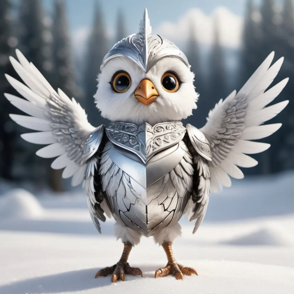 Prompt: A tiny, flying adorable bird warrior, fully clad in shining silver armor, stands proudly amidst a snowy landscape. Its white feathers blend seamlessly with the snow, while its large, round eyes convey a sense of determination and courage. The armor is intricately detailed, reflecting the light of the wintry sun. The bird's wings are spread wide, hinting at its ability to take flight at a moment's notice. The background is a blur of snow-laden trees, creating a sense of depth and atmosphere