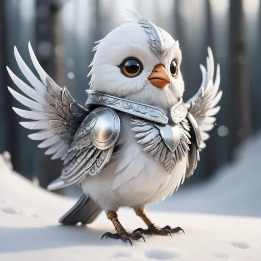 Prompt: A tiny, adorable bird warrior, fully clad in shining silver armor, stands proudly amidst a snowy landscape. Its white feathers blend seamlessly with the snow, while its large, round eyes convey a sense of determination and courage. The armor is intricately detailed, reflecting the light of the wintry sun. The bird's wings are spread wide, hinting at its ability to take flight at a moment's notice. The background is a blur of snow-laden trees, creating a sense of depth and atmosphere