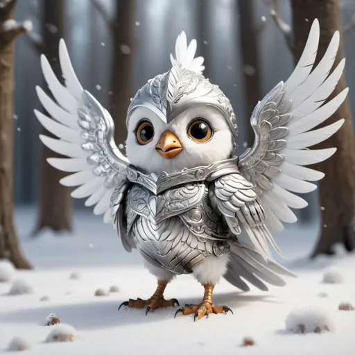 Prompt: A tiny, flying adorable bird warrior, fully clad in shining silver armor, stands proudly amidst a snowy landscape. Its white feathers blend seamlessly with the snow, while its large, round eyes convey a sense of determination and courage. The armor is intricately detailed, reflecting the light of the wintry sun. The bird's wings are spread wide, hinting at its ability to take flight at a moment's notice. The background is a blur of snow-laden trees, creating a sense of depth and atmosphere