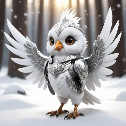 Prompt: A tiny, soaring adorable bird warrior, fully clad in shining silver armor, stands proudly amidst a snowy landscape. Its white feathers blend seamlessly with the snow, while its large, round eyes convey a sense of determination and courage. The armor is intricately detailed, reflecting the light of the wintry sun. The bird's wings are spread wide, hinting at its ability to take flight at a moment's notice. The background is a blur of snow-laden trees, creating a sense of depth and atmosphere