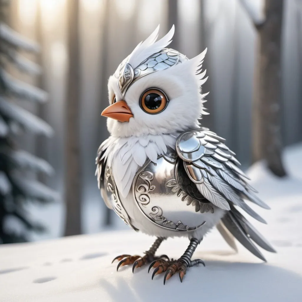 Prompt: A tiny, adorable bird warrior, fully clad in shining silver armor, stands proudly amidst a snowy landscape. Its white feathers blend seamlessly with the snow, while its large, round eyes convey a sense of determination and courage. The armor is intricately detailed, reflecting the light of the wintry sun. The bird's wings are spread wide, hinting at its ability to take flight at a moment's notice. The background is a blur of snow-laden trees, creating a sense of depth and atmosphere