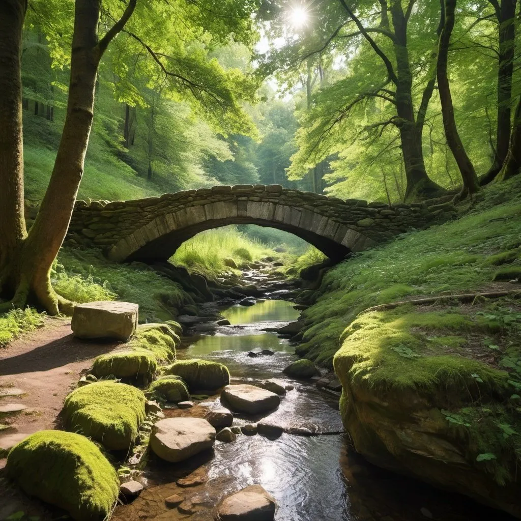 Prompt: a very old, dense forest with large old trees where not much sunlight reaches, an old stone bridge over a forest stream, an old stone path leading to the bridge, a small clearing illuminated by sunlight visible in the background